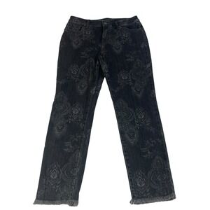 Chicos Girlfriend Slim Ankle Jeans Womens 0 Black Floral Print Frayed Hem